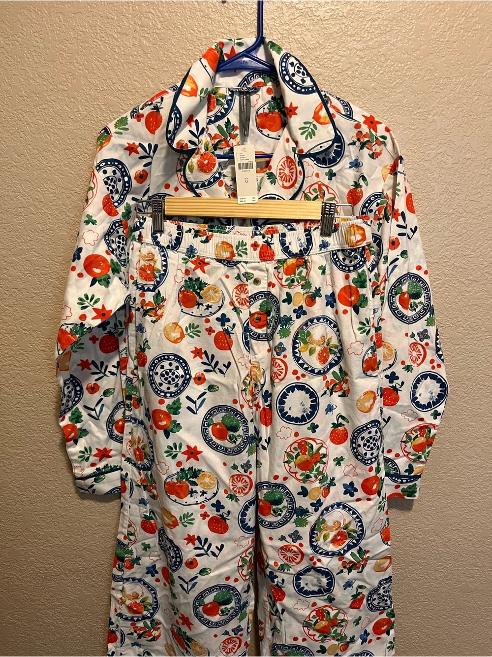 NWT Anthropologie White Citrus & Navy Printed Pajama Set XS